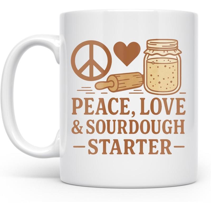 Tailorly White Ceramic 11 oz Mug - Peace Love Sourdough Starter Rustic Kitchen Elements Featuring A Rolling Pin Heart And Glass Jar Sourdough Starter