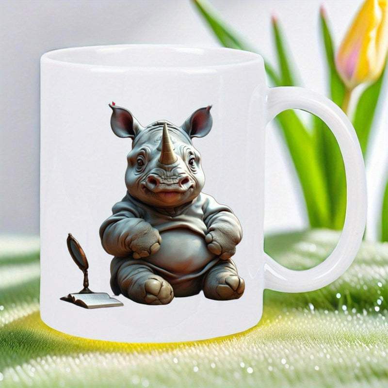 Tailorly White Ceramic 11 oz Mug - Adorable Stylized Baby Rhinoceros Wearing Shirt Beside Ink Quill And Journal Rhinoceros