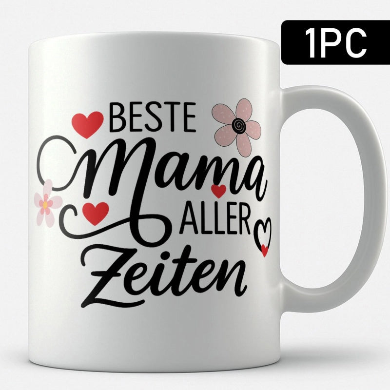 Tailorly White Ceramic 11 oz Mug - Blooming Flowers With Loving Red Hearts Surrounded By Elegant Script Lettering Design