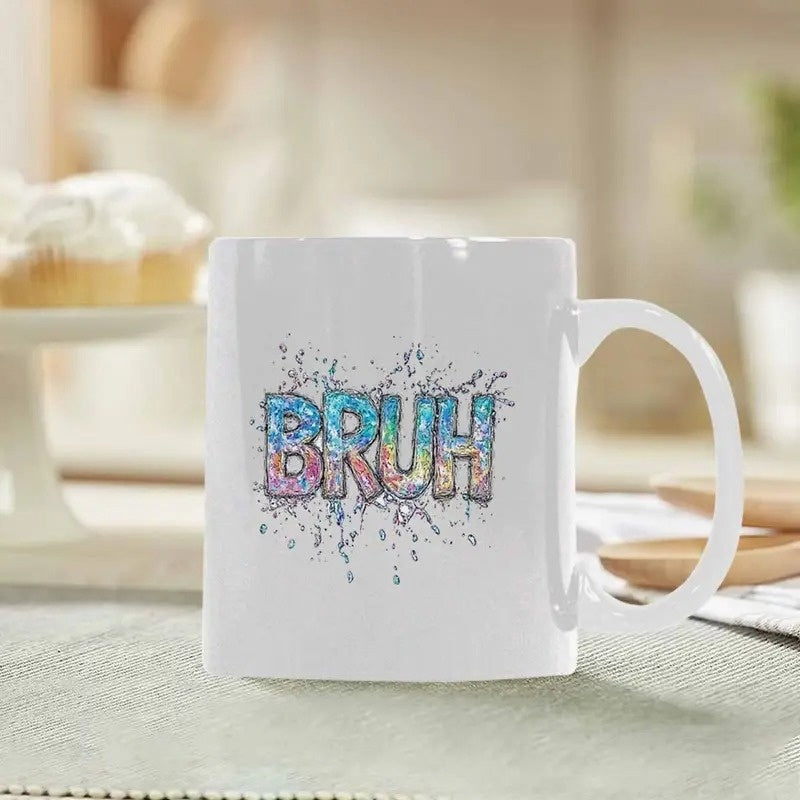 Tailorly White Ceramic 11 oz Mug - Bruh Vibrant Colorful Paint Splashes With Modern Artistic Graffiti Style Sign