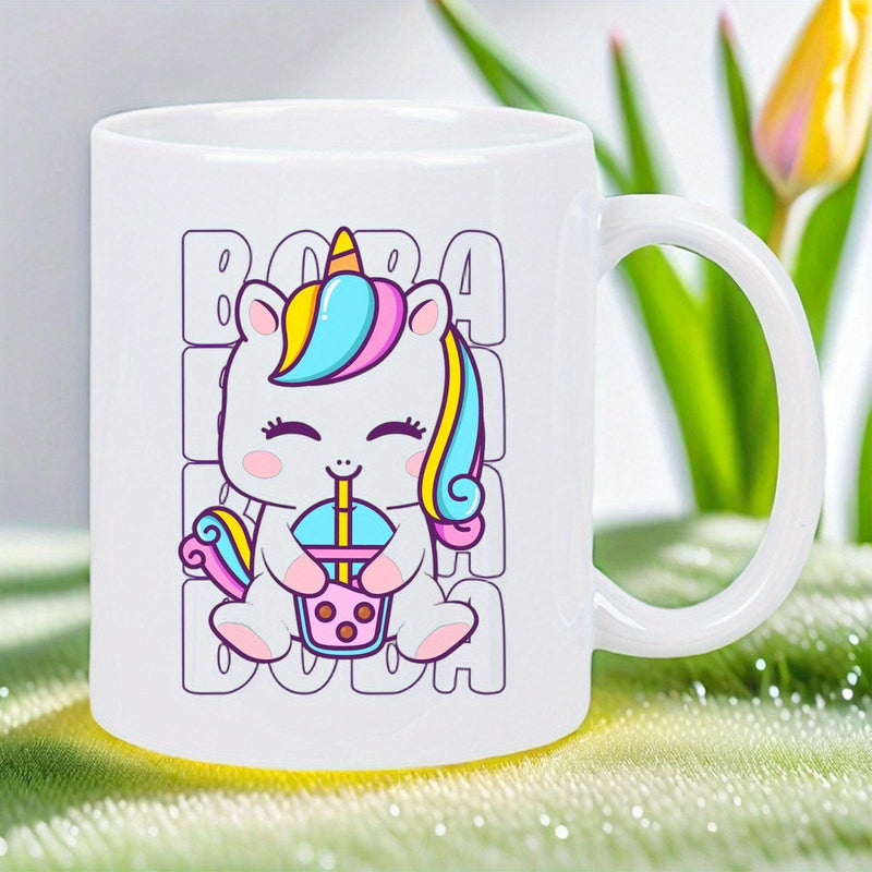 Tailorly White Ceramic 11 oz Mug - Boba Cute White Cartoon Creature Drinking Sweet Purple Bubble Tea With Rainbow Mane Unicorn