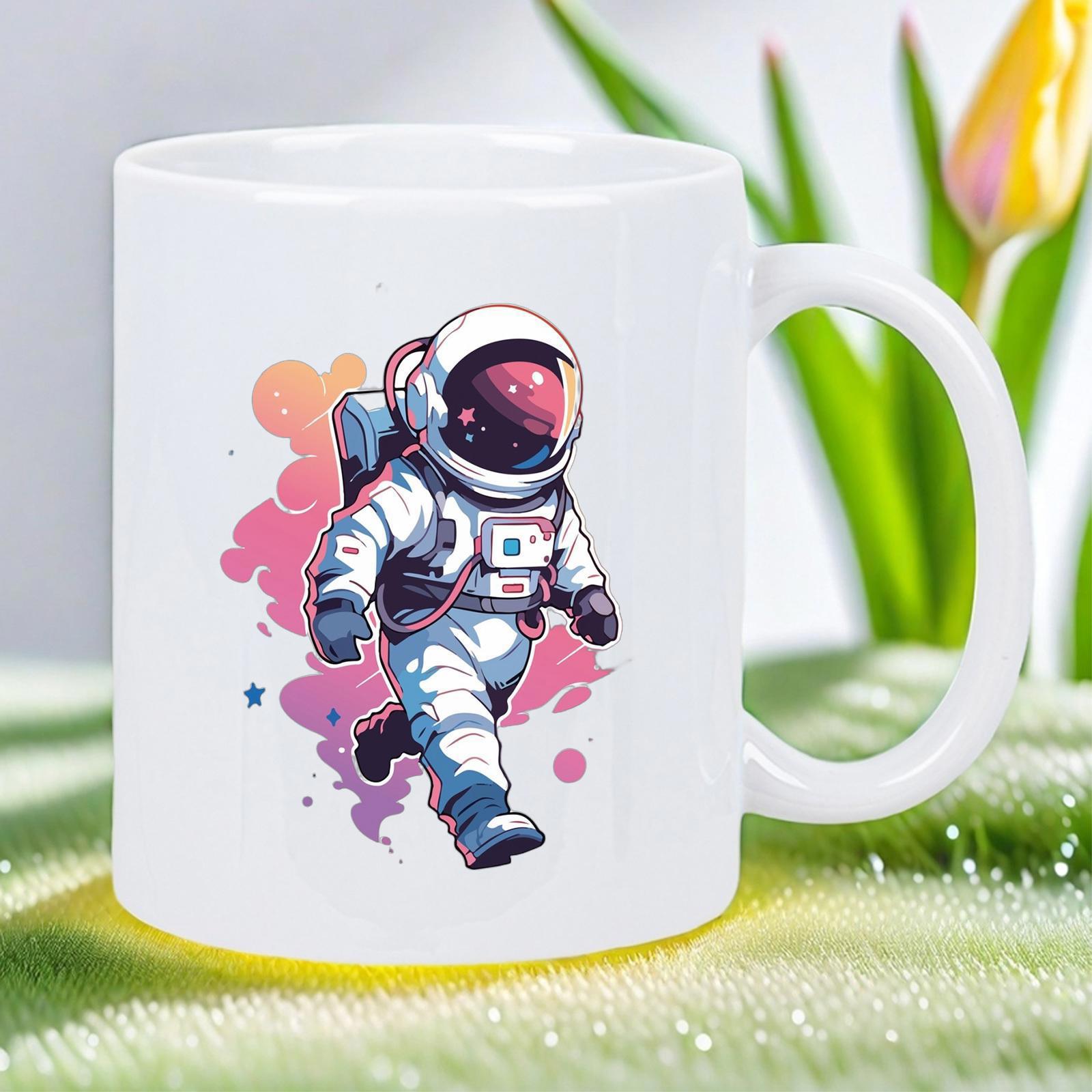 Tailorly White Ceramic 11 oz Mug - Vibrant Cartoon Character Exploring Colorful Cosmic Space Clouds With Galactic Nebula Astronaut