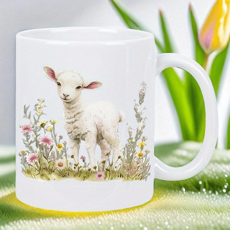 Tailorly White Ceramic 11 oz Mug - Adorable White Standing Amidst Delicate Spring Meadow Wildflowers Lamb