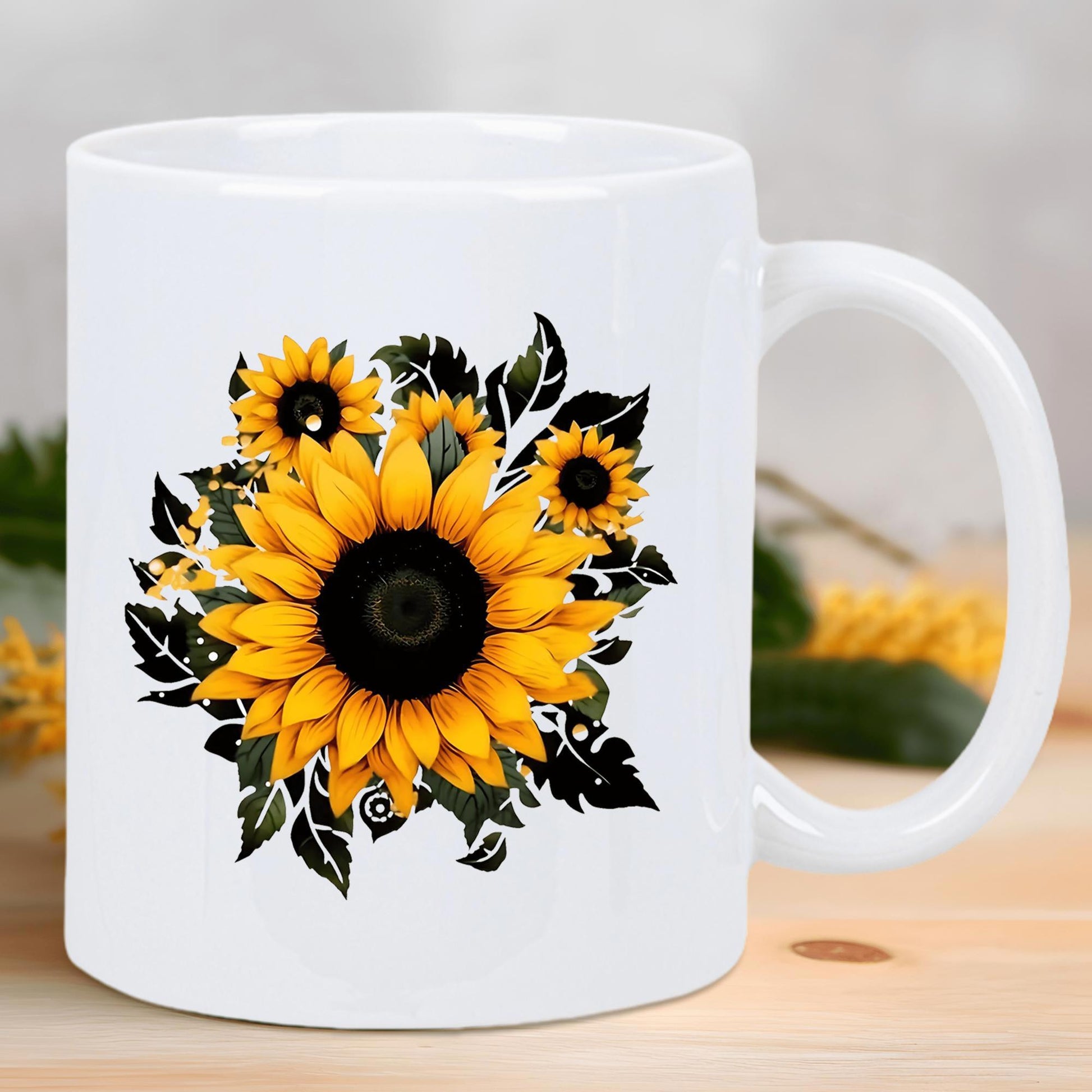 Tailorly White Ceramic 11 oz Mug - Vibrant Yellow Petals With Elegant Black And White Artistic Leaves Sunflower