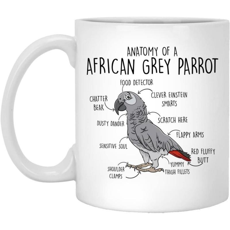 Tailorly White Ceramic 11 oz Mug - Anatomy Of A African Grey Parrot Detailed Artistic Sketch Featuring Educational Diagram Elements And Playful Pointers Parrot
