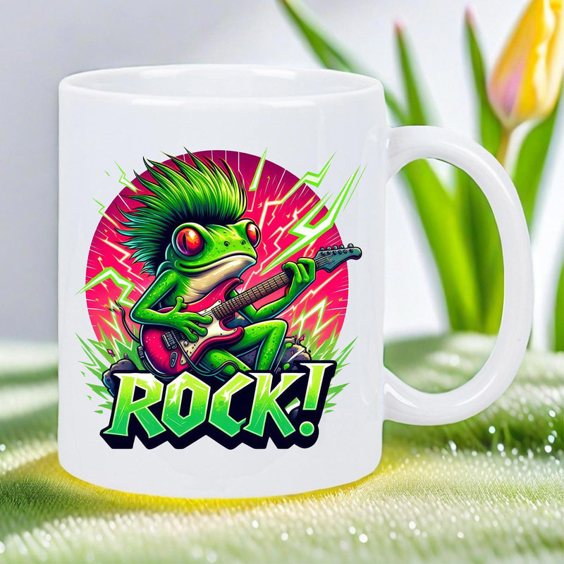 Tailorly White Ceramic 11 oz Mug - Rock Green Mohawk Musician Playing Electric Guitar Under Bright Pink Electric Skies Frog