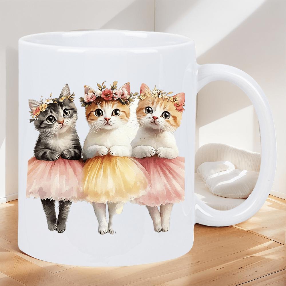 Tailorly White Ceramic 11 oz Mug - Three Adorable Tiny Kittens Wearing Floral Crowns And Ballet Tutus Kittens