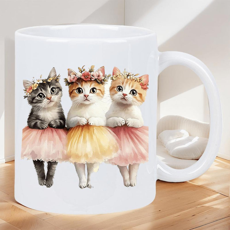 Tailorly White Ceramic 11 oz Mug - Three Adorable Tiny Kittens Wearing Floral Crowns And Ballet Tutus Kittens