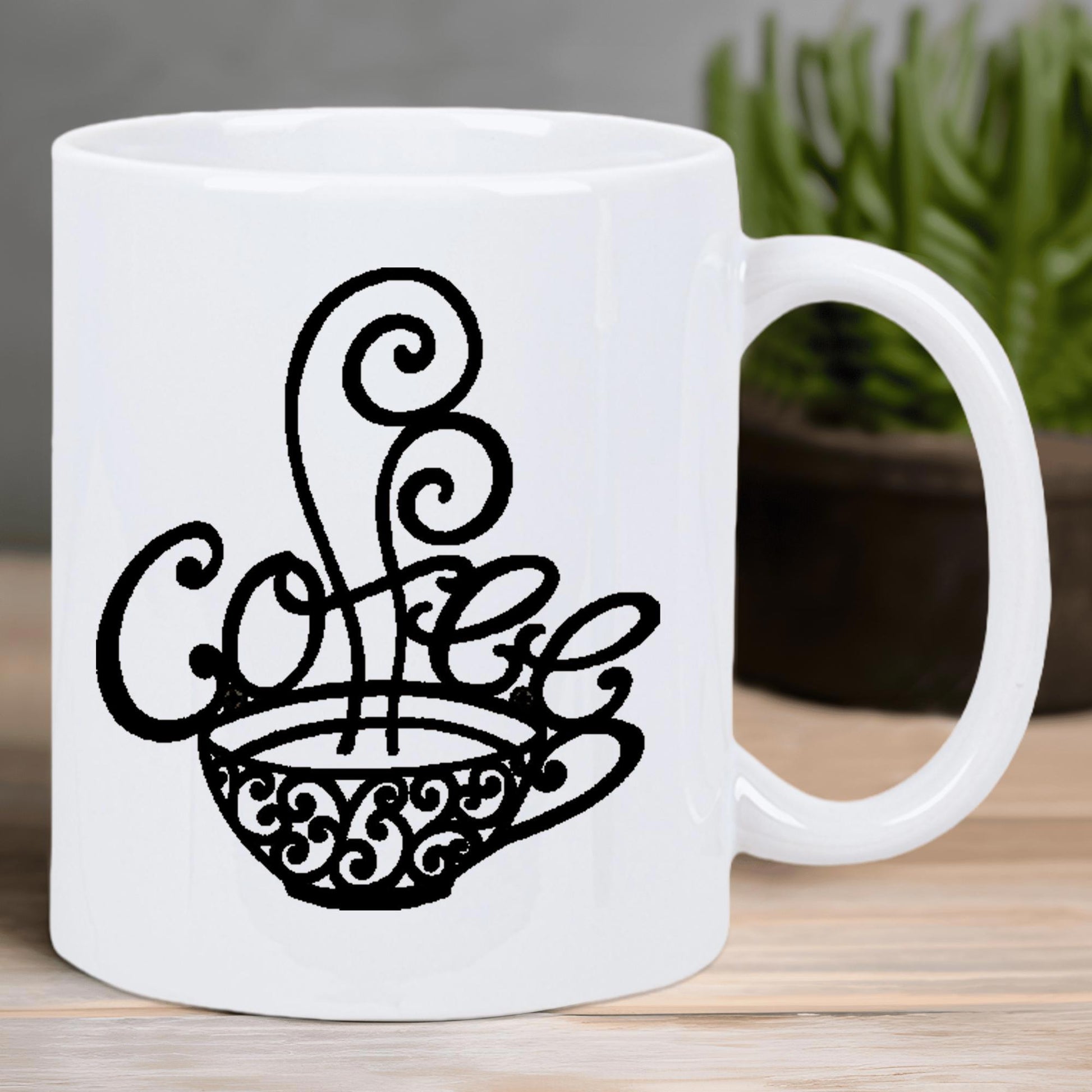 Tailorly White Ceramic 11 oz Mug - Coffee Artistic Black Lines Swirling Above A Decorative Patterned Elegant Cup