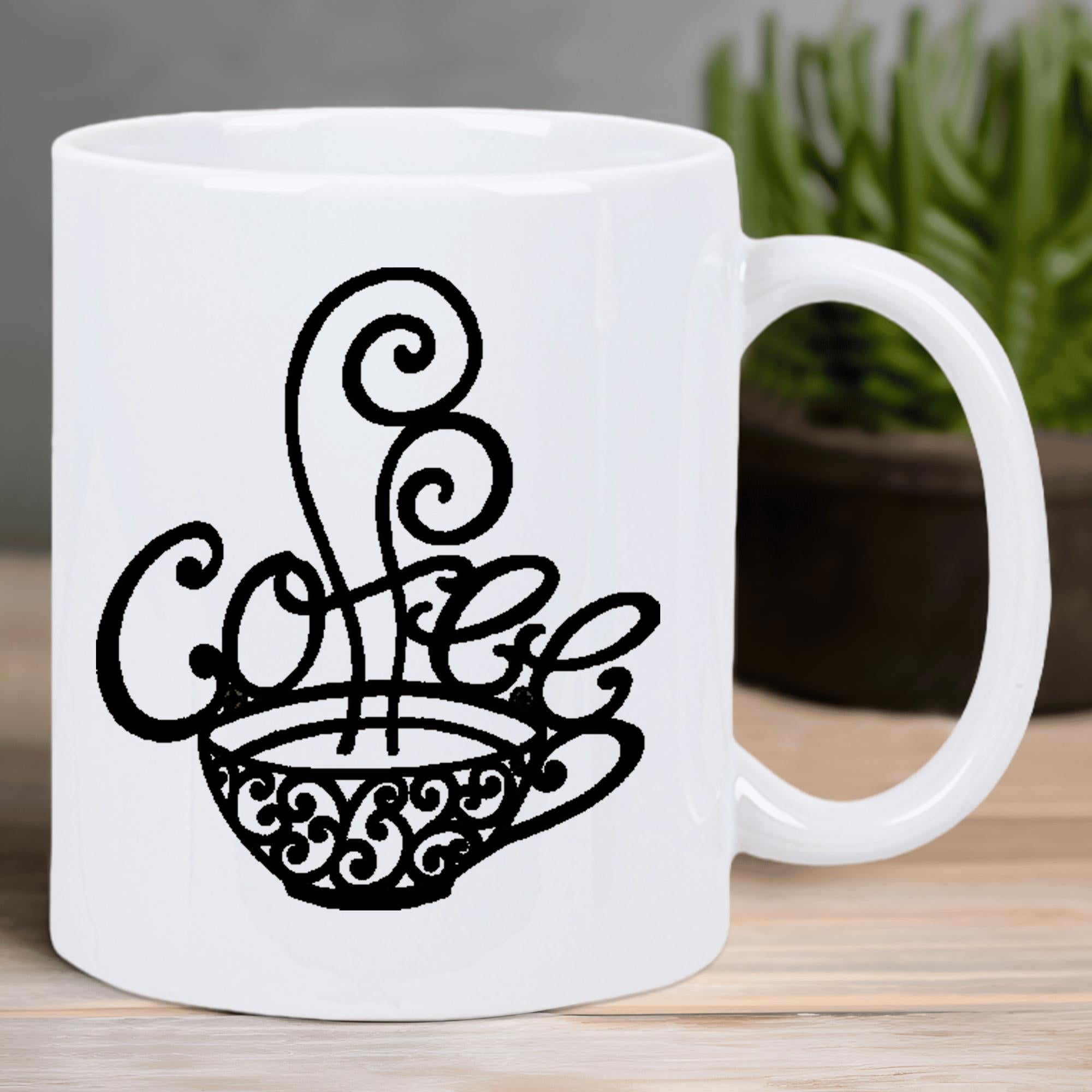 Tailorly White Ceramic 11 oz Mug - Coffee Artistic Black Lines Swirling Above A Decorative Patterned Elegant Cup