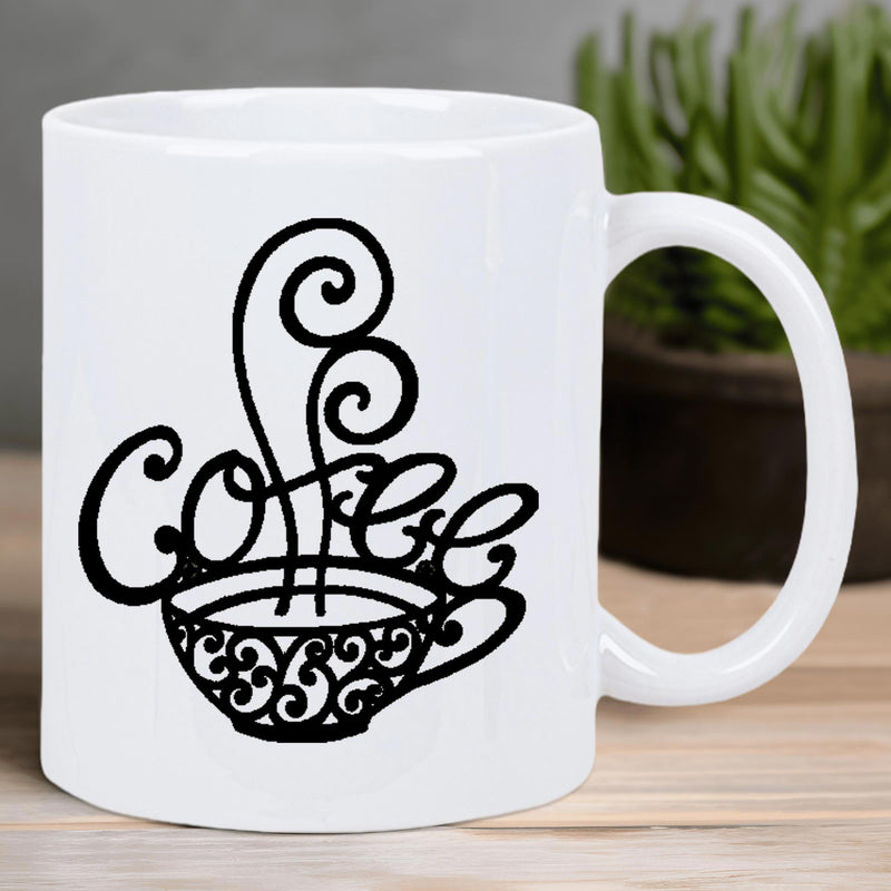 Tailorly White Ceramic 11 oz Mug - Coffee Artistic Black Lines Swirling Above A Decorative Patterned Elegant Cup