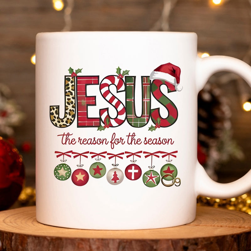 Tailorly White Ceramic 11 oz Mug - Jesus The Reason For The Season Festive Ornaments Hanging Under Patterned Holiday Lettering With Santa Hat Mug