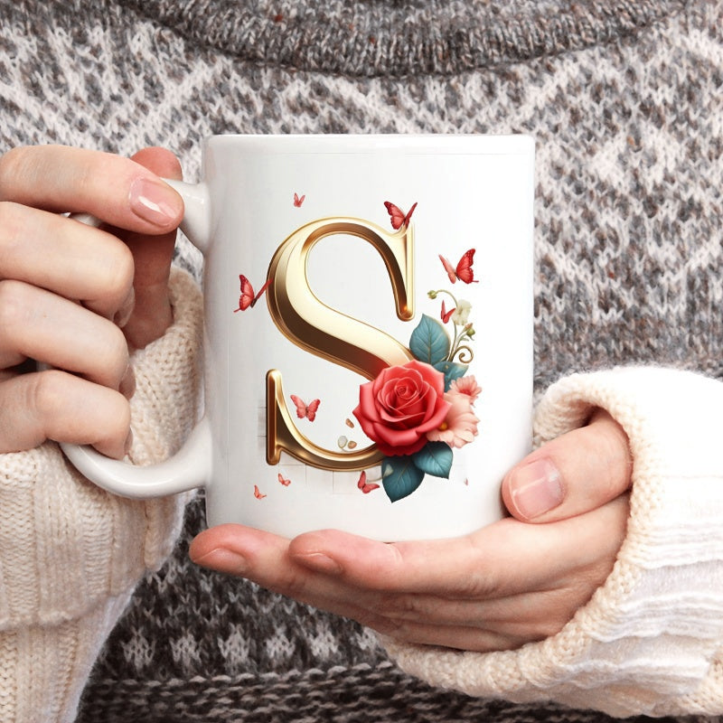 Tailorly White Ceramic 11 oz Mug - S Golden Three Dimensional Alphabet Decorated With Blooming Red Rose And Butterflies Letter