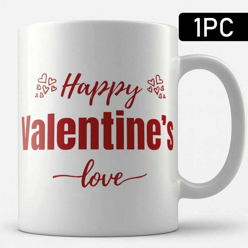 Tailorly White Ceramic 11 oz Mug - Happy Valentines Love Elegant Red Outlined Heart Shapes Surrounding Minimalist Script Holiday Text Hearts