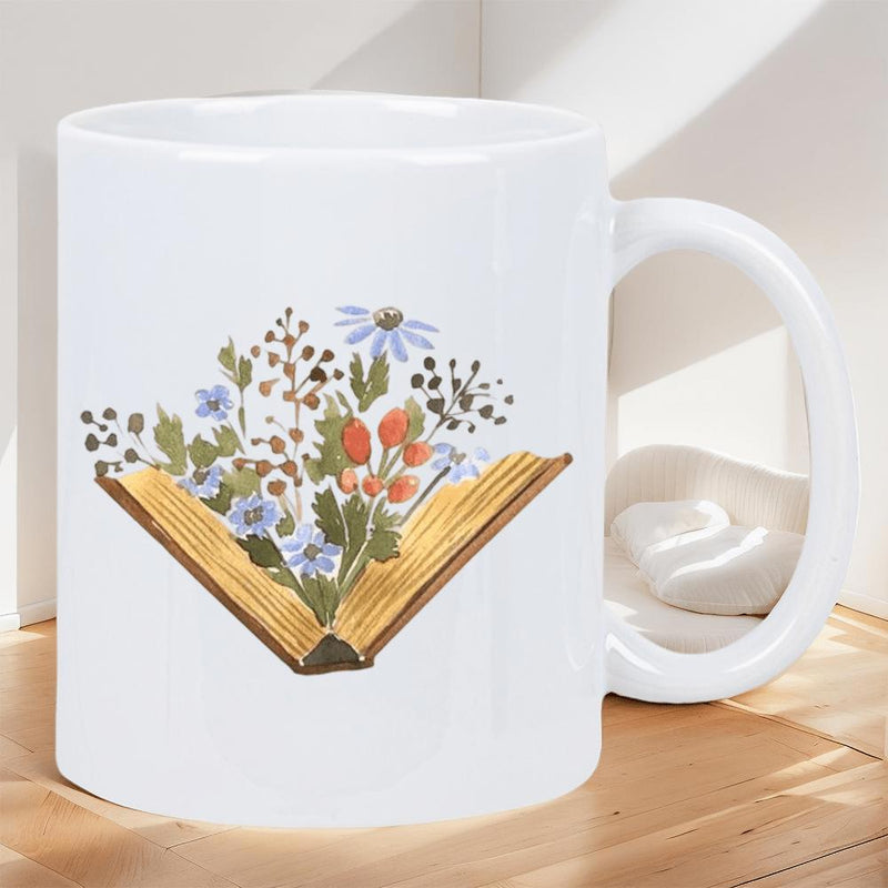 Tailorly White Ceramic 11 oz Mug - Wildflowers Blooming From Open Pages Of An Antique Vintage Golden Book