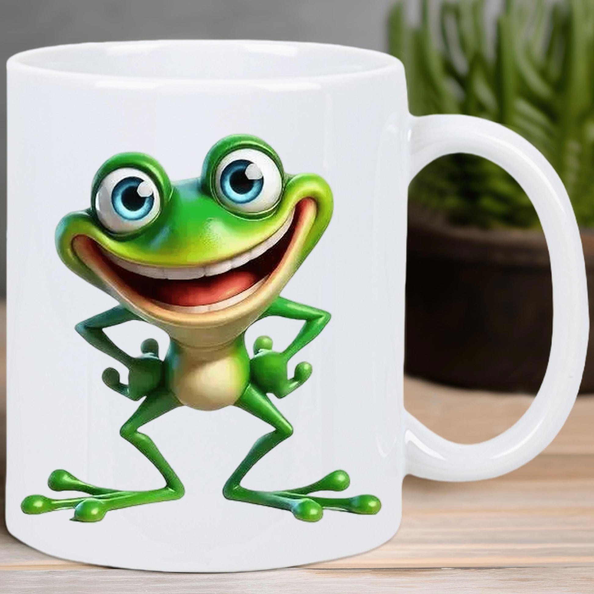 Tailorly White Ceramic 11 oz Mug - Smiling Green Animated Character With Large Blue Eyes Standing Boldly Frog