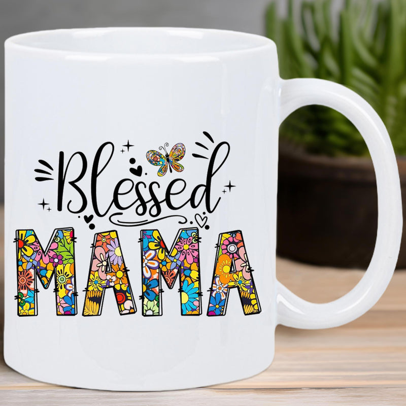 Tailorly White Ceramic 11 oz Mug - Blessed Mama Vibrant Multi Colored Flower Patterns Filling Bold Text With Small Hearts Mug