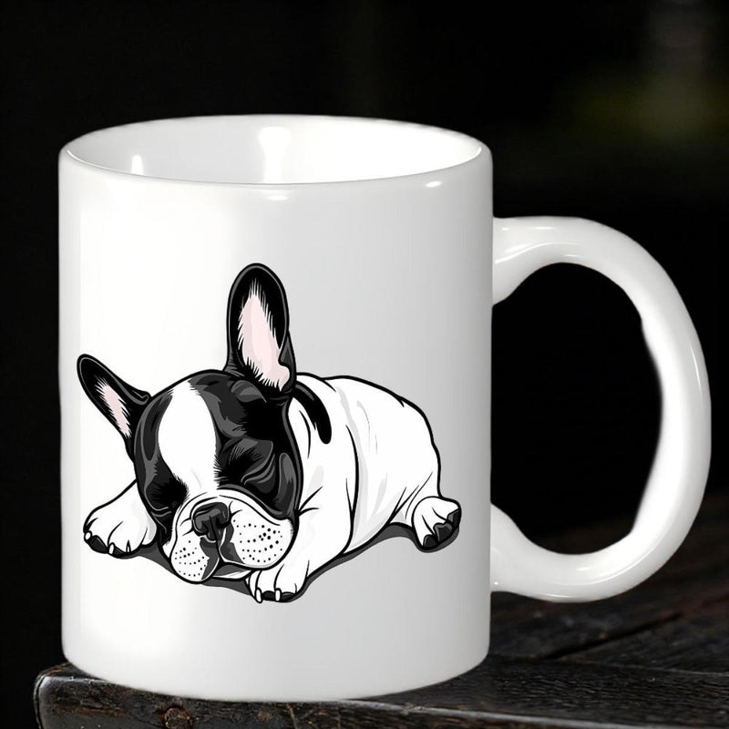 Tailorly White Ceramic 11 oz Mug - Peaceful Sleeping Black And White Puppy Resting In Cute Position French Bulldog