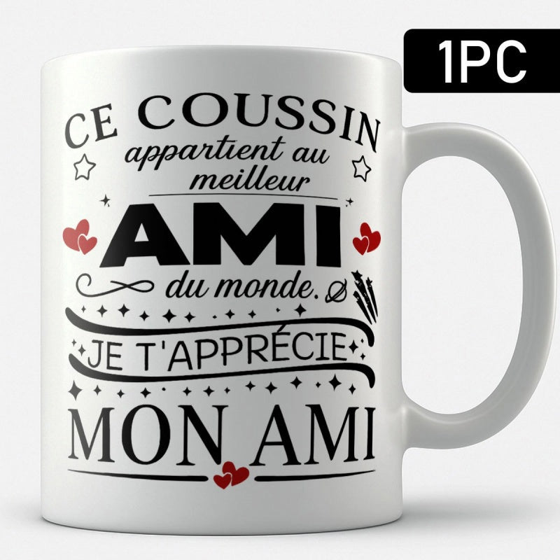 Tailorly White Ceramic 11 oz Mug - Decorative Typography With Tiny Red Hearts And Elegant Swirl Accents Mug
