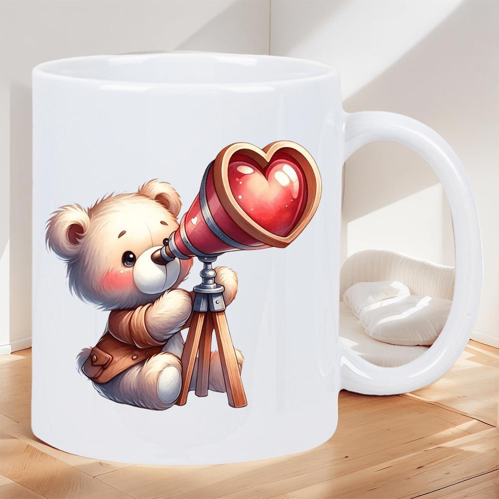 Tailorly White Ceramic 11 oz Mug - Charming Cute Little Teddy Watching Through A Romantic Heart Shaped Telescope Bear