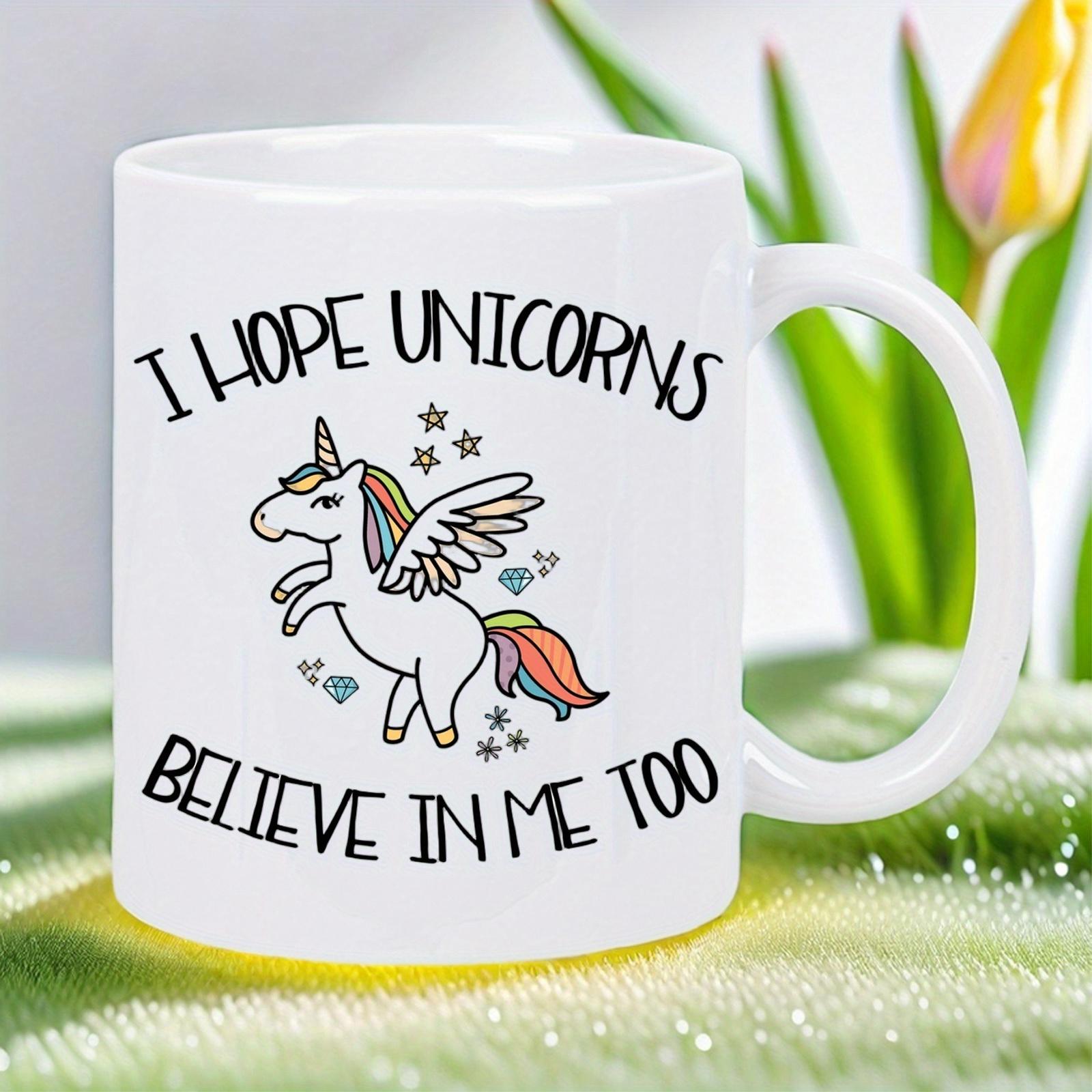 Tailorly White Ceramic 11 oz Mug - I Hope Unicorns Believe In Me Too Magical Winged Unicorn With Colorful Rainbow Tail Among Tiny Sparkling Stars Unicorn