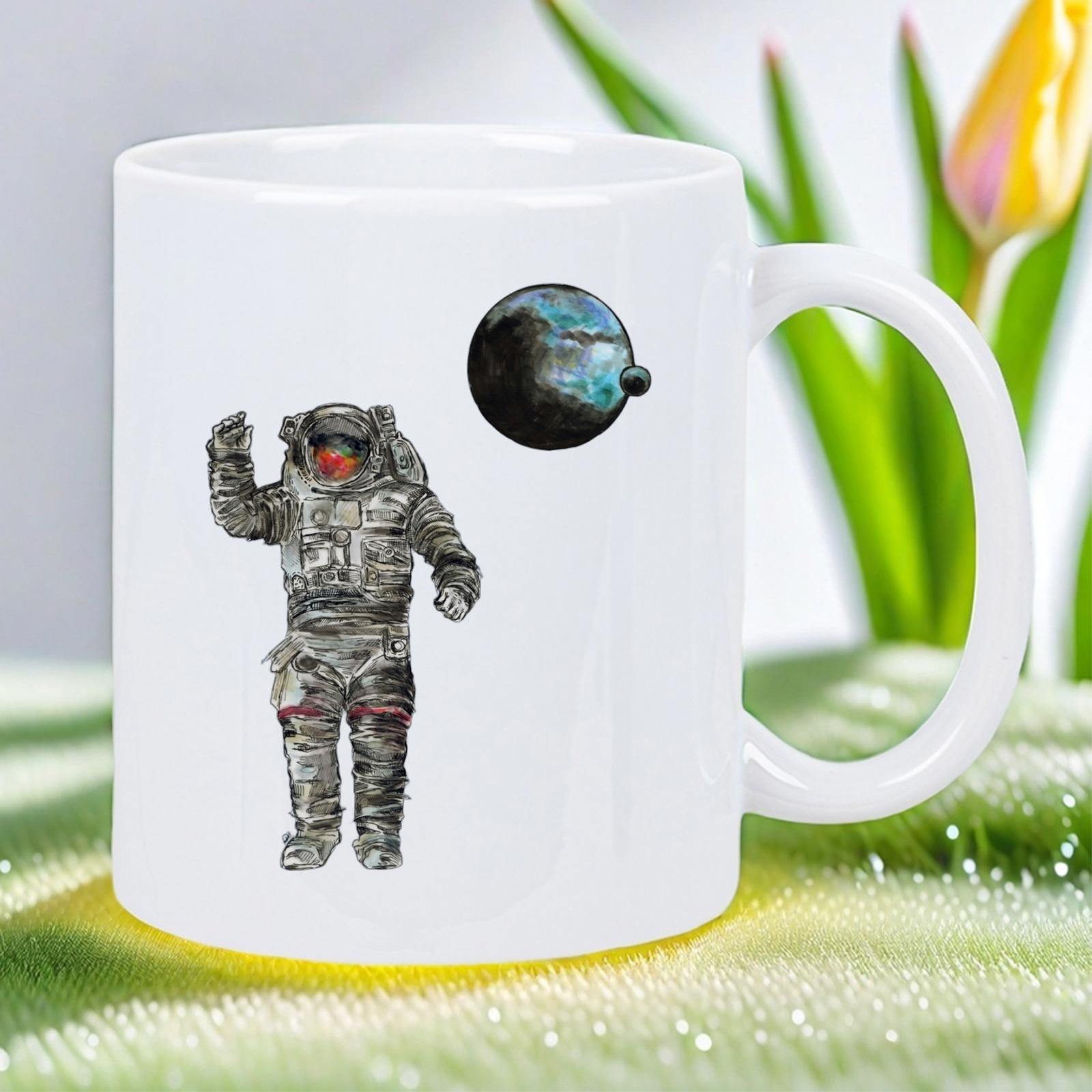 Tailorly White Ceramic 11 oz Mug - Realistic Spaceman Waving Hand Floating Near A Small Distant Dark Blue Planet Astronaut
