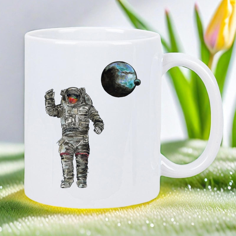 Tailorly White Ceramic 11 oz Mug - Realistic Spaceman Waving Hand Floating Near A Small Distant Dark Blue Planet Astronaut