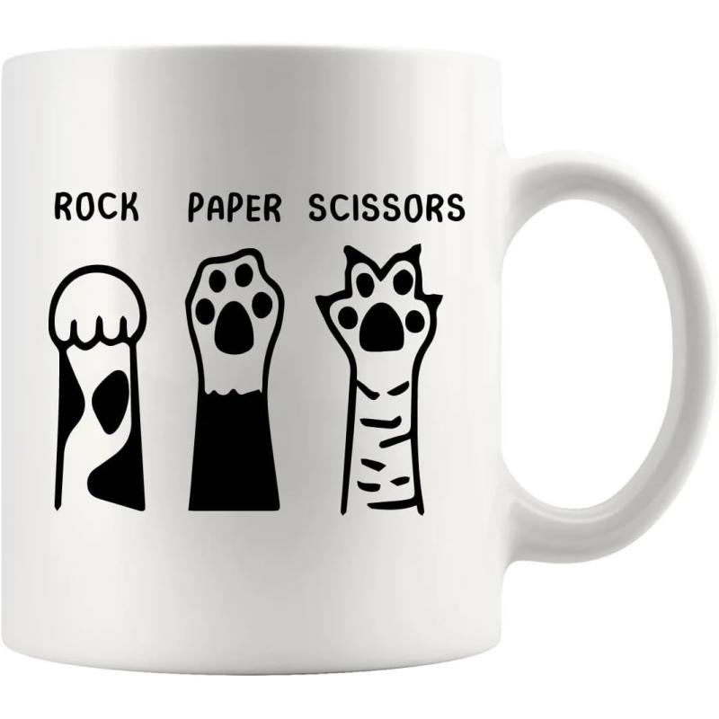 Tailorly White Ceramic 11 oz Mug - Rock Paper Scissors Three Minimalist Hand Drawn Feline Paws Depicting Famous Traditional Game Paw