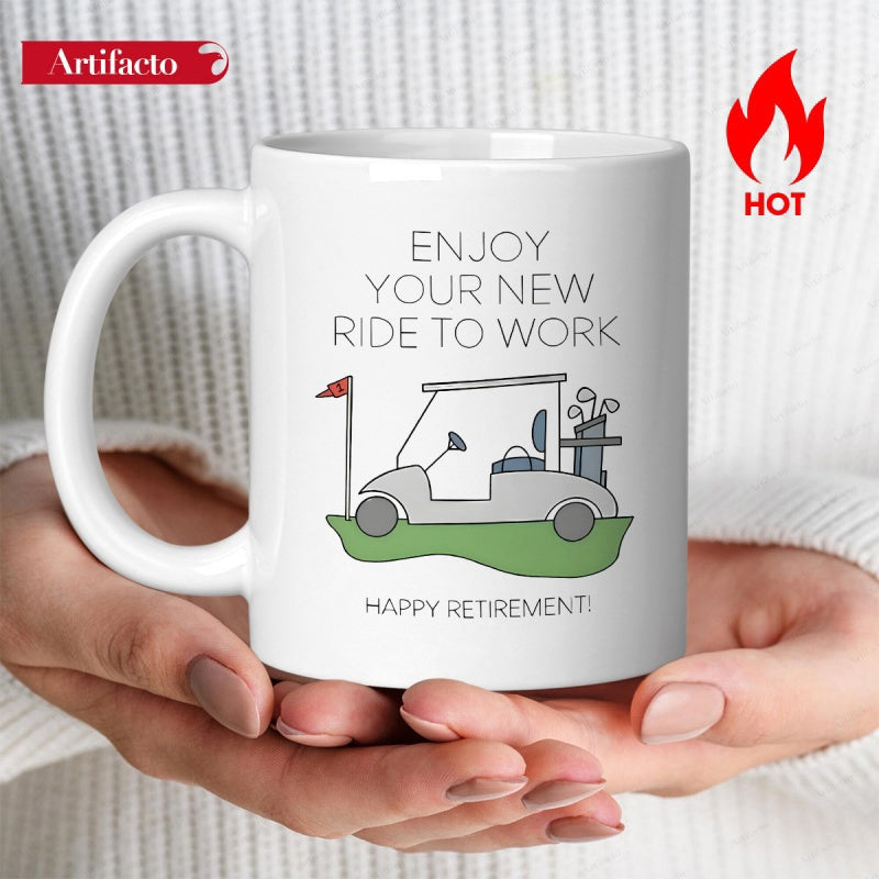 Tailorly White Ceramic 11 oz Mug - Enjoy Your New Ride To Work Happy Retirement Minimalist Cartoon Vehicle Resting On Green Grass Patch Golf Cart