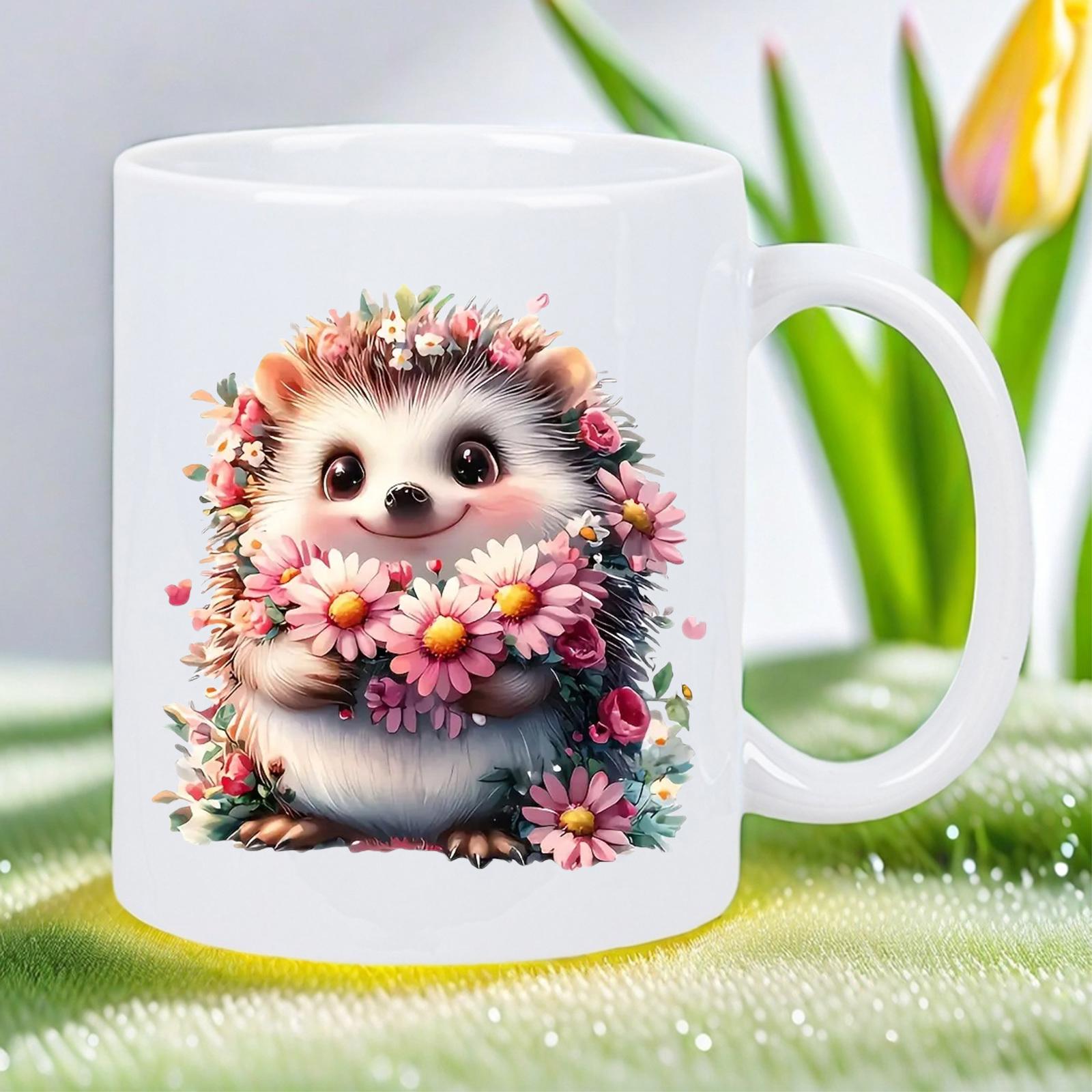 Tailorly White Ceramic 11 oz Mug - Adorable Little Hedgehog Holding Pink Spring Daisies In A Sunlit Field Hedgehog