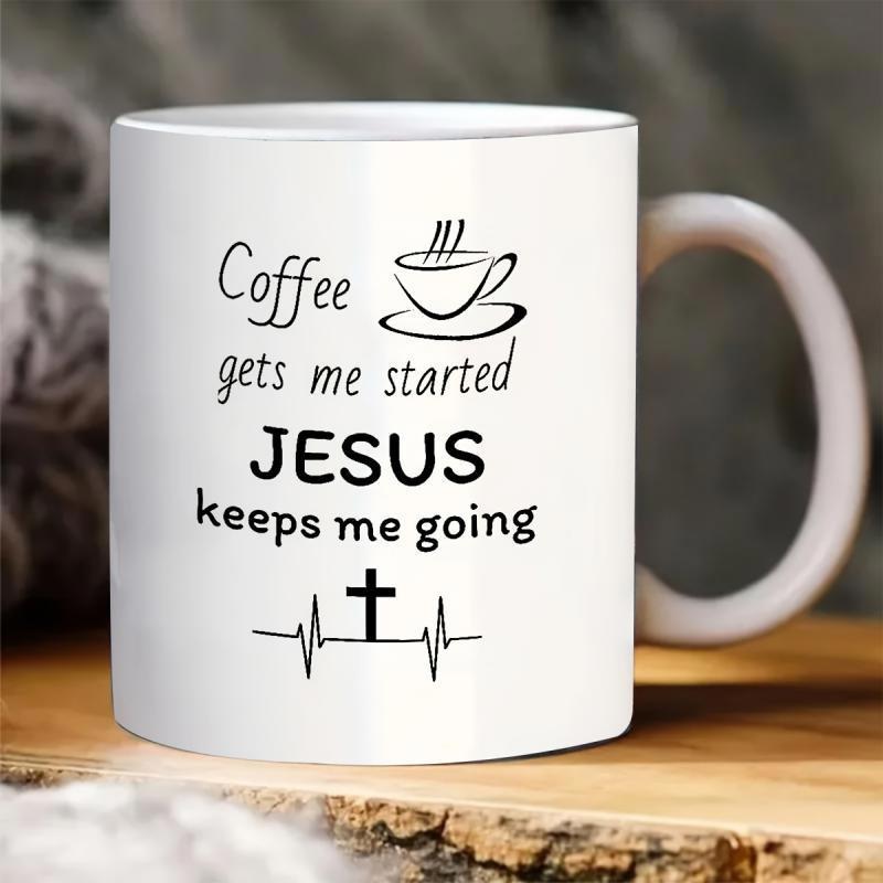 Tailorly White Ceramic 11 oz Mug - Coffee Gets Me Started Jesus Keeps Me Going Steaming Morning Cup Of Coffee Featuring Pulse Line Heartbeat With Sacred Cross