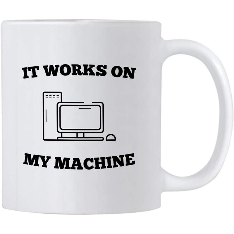 Tailorly White Ceramic 11 oz Mug - It Works On My Machine Minimalist Black Line Art Depicting A Retro Desktop Computer