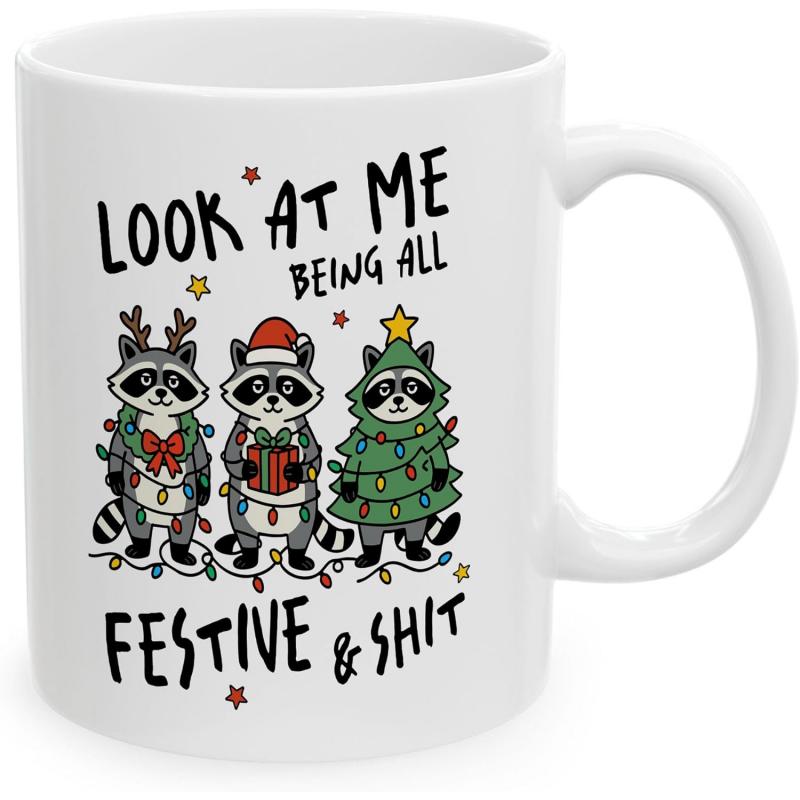 Tailorly White Ceramic 11 oz Mug - Look At Me Being All Festive Shit Three Festive Forest Raccoons Wearing Cute Holiday Costumes Among Twinkling Lights Raccoon