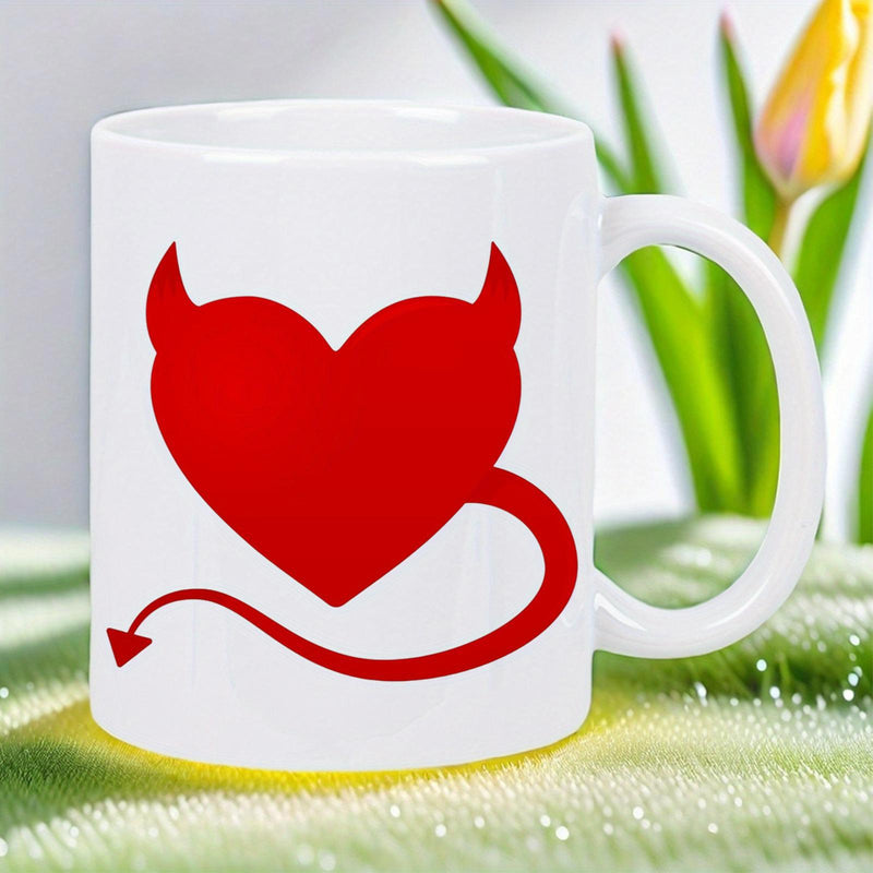Tailorly White Ceramic 11 oz Mug - Vibrant Red Devilish Silhouette Featuring Pointed Horns And Curved Tail Heart