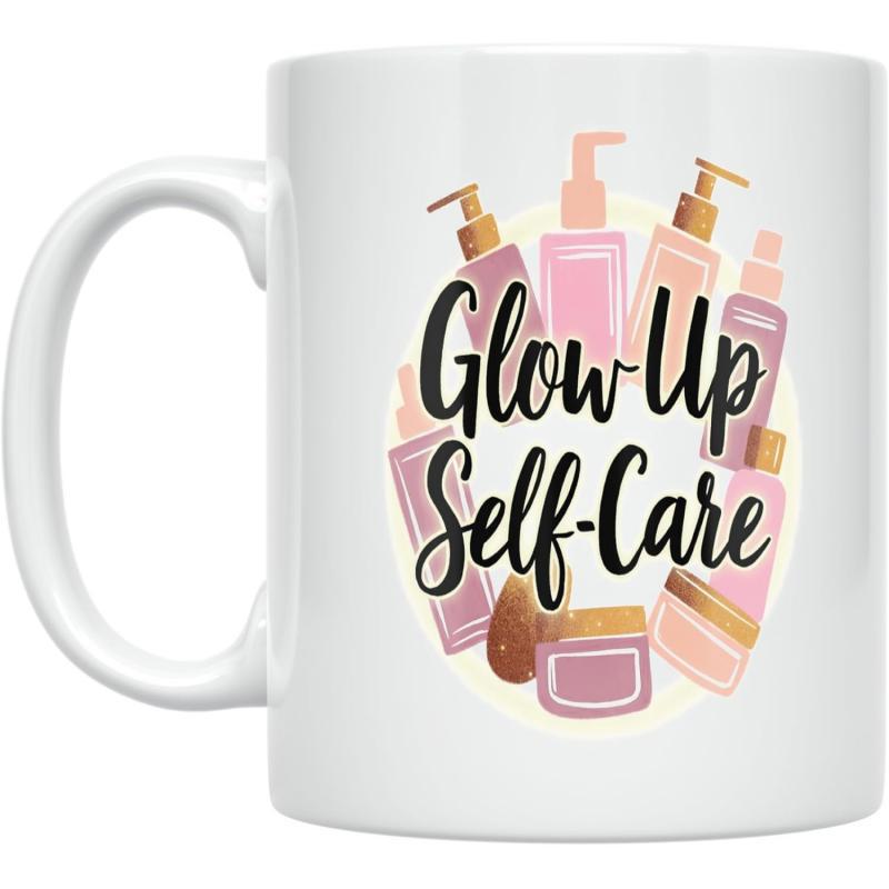 Tailorly White Ceramic 11 oz Mug - Glow Up Self Care Various Pink Cosmetics Bottles And Jars Arranged In Circular Pattern Skincare