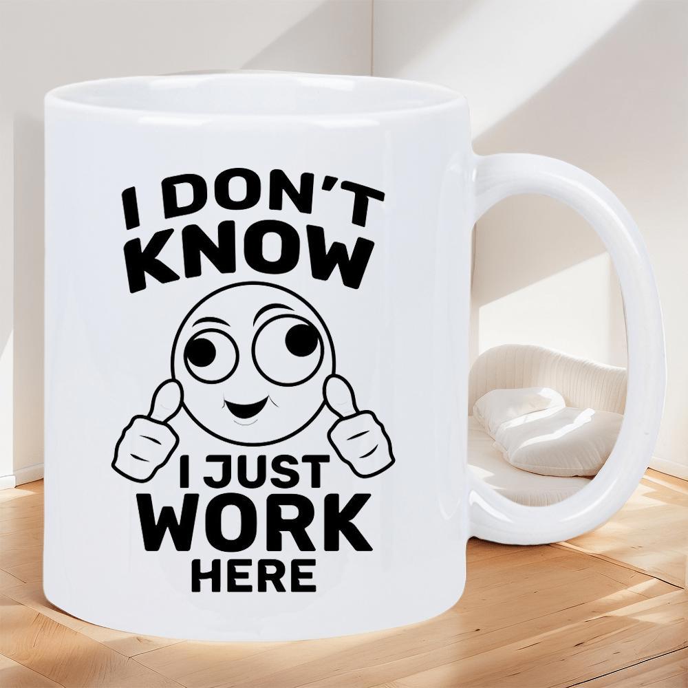 Tailorly White Ceramic 11 oz Mug - I Don't Know I Just Work Here Minimalist Cartoon Face With Large Expressive Eyes And Thumbs Up Gesture Face