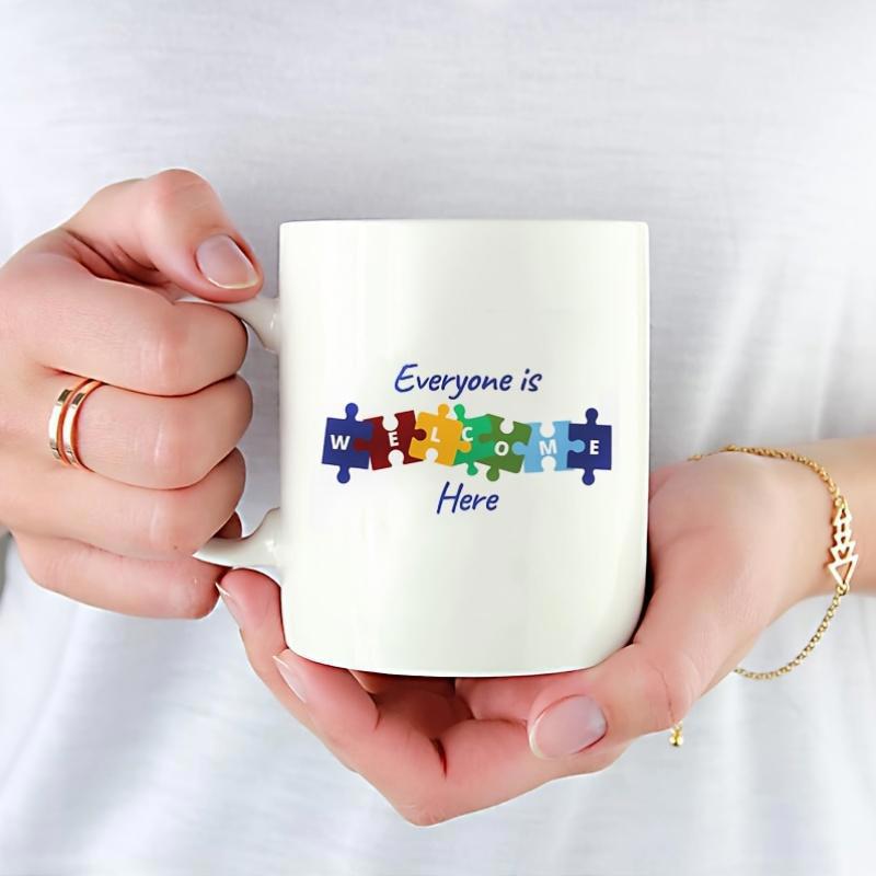Tailorly White Ceramic 11 oz Mug - Everyone Is Welcome Here Vibrant Interlocking Rainbow Puzzle Pieces Forming A Supportive Continuous Community Symbol Puzzle