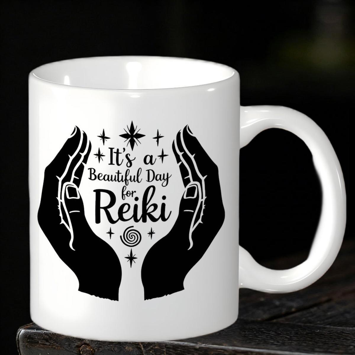 Tailorly White Ceramic 11 oz Mug - Its A Beautiful Day For Reiki Elegant Black Silhouettes Of Healing Hands Surrounded By Twinkling Stars Hands