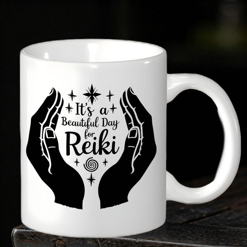 Tailorly White Ceramic 11 oz Mug - Its A Beautiful Day For Reiki Elegant Black Silhouettes Of Healing Hands Surrounded By Twinkling Stars Hands