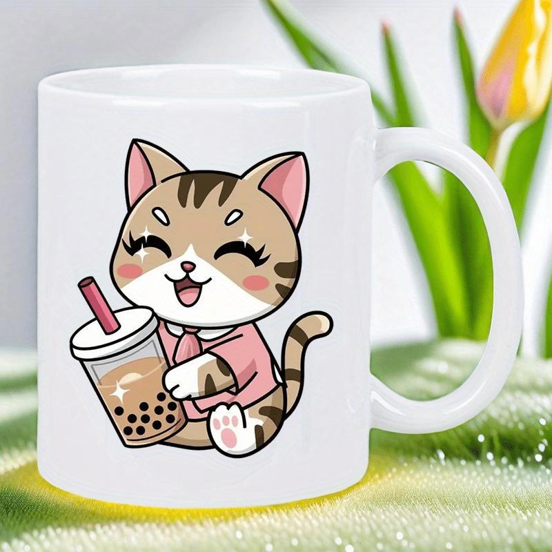 Tailorly White Ceramic 11 oz Mug - Smiling Brown Tabby Kitten In Pink Shirt Holding Delicious Boba Cat