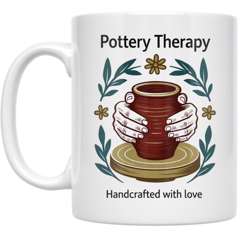 Tailorly White Ceramic 11 oz Mug - Pottery Therapy Handcrafted With Love Hands Shaping Brown Clay On A Wooden Wheel Among Green Leaves Pot