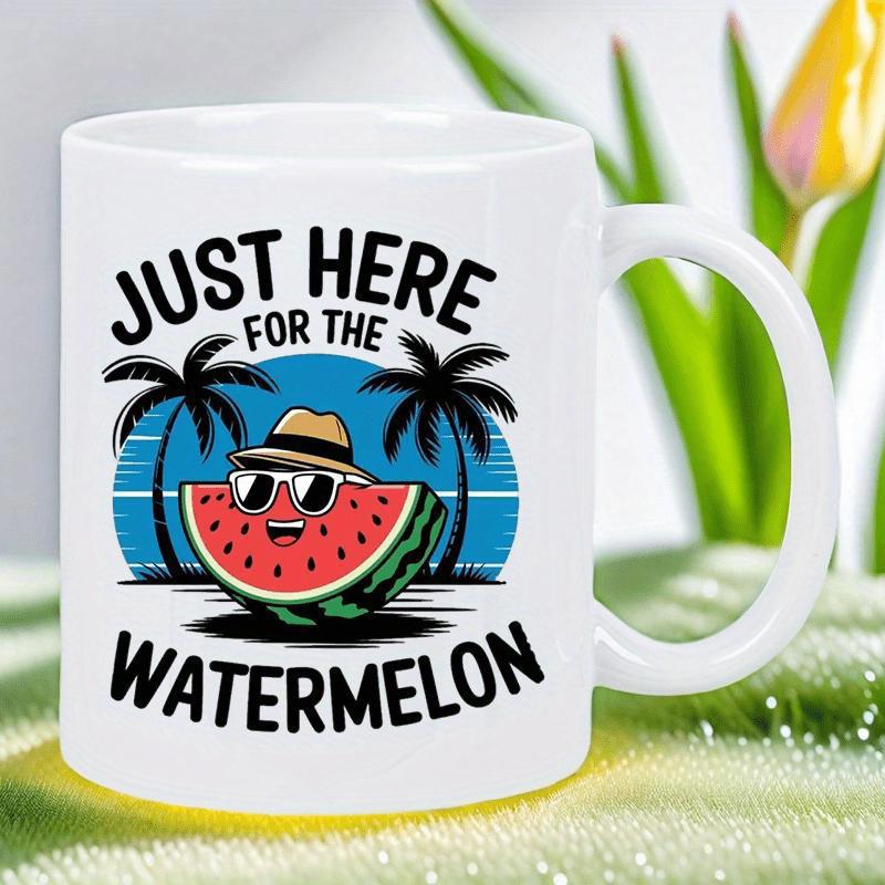 Tailorly White Ceramic 11 oz Mug - Just Here For The Watermelon Vibrant Cartoon Fruit Wearing Sunglasses Among Tropical Palm Trees And Sunset Watermelon