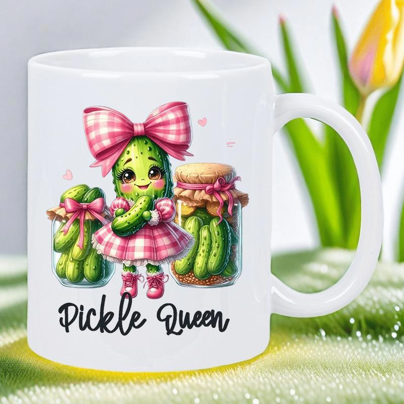 Tailorly White Ceramic 11 oz Mug - Pickle Queen Cute Cartoon Character In Pink Dress Among Jars Of Pickles Pickle