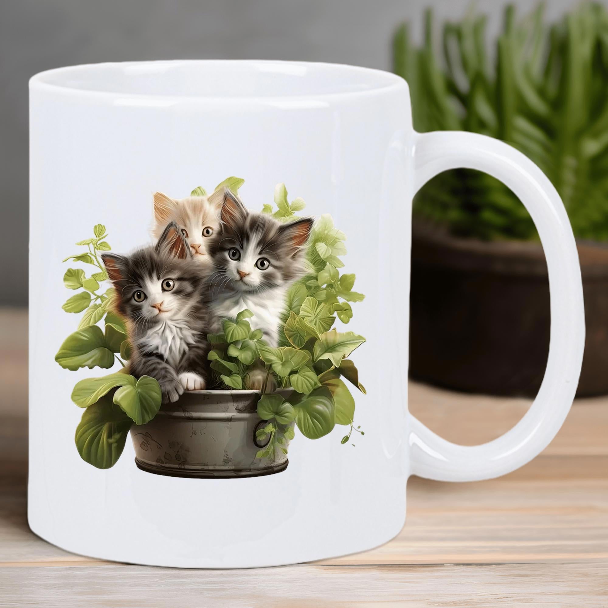 Tailorly White Ceramic 11 oz Mug - Three Small Fluffy Kittens Nestled Inside Lush Green Foliage Garden Kittens