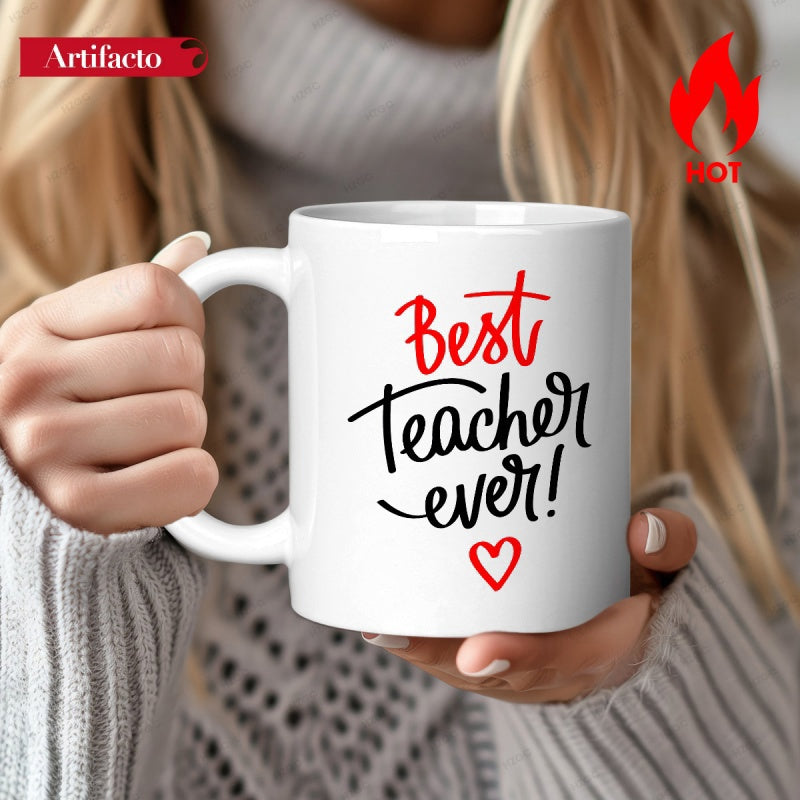 Tailorly White Ceramic 11 oz Mug - Best Teacher Ever Minimalist White Ceramic Vessel Featuring Hand Lettered Script Heart Mug
