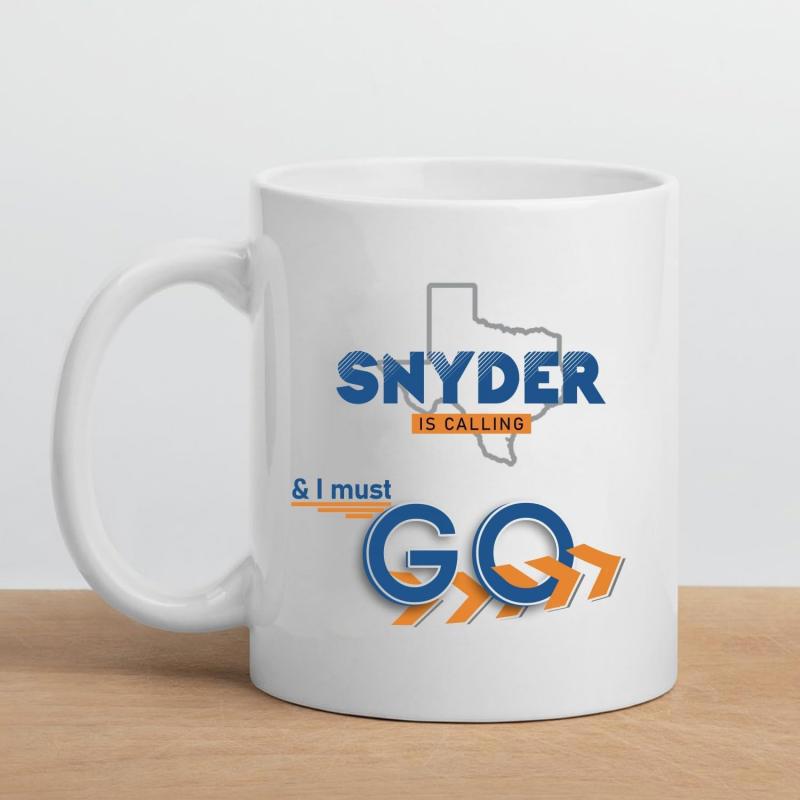 Tailorly White Ceramic 11 oz Mug - Snyder Is Calling And I Must Go Minimalist Outline Of Texas State Behind Bold Blue Typography And Orange Chevrons Texas