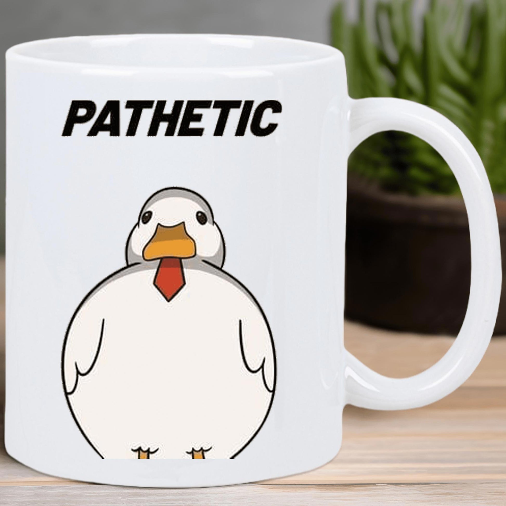 Tailorly White Ceramic 11 oz Mug - Pathetic Chubby Round White Cartoonish Bird Wearing Small Red Necktie Duck
