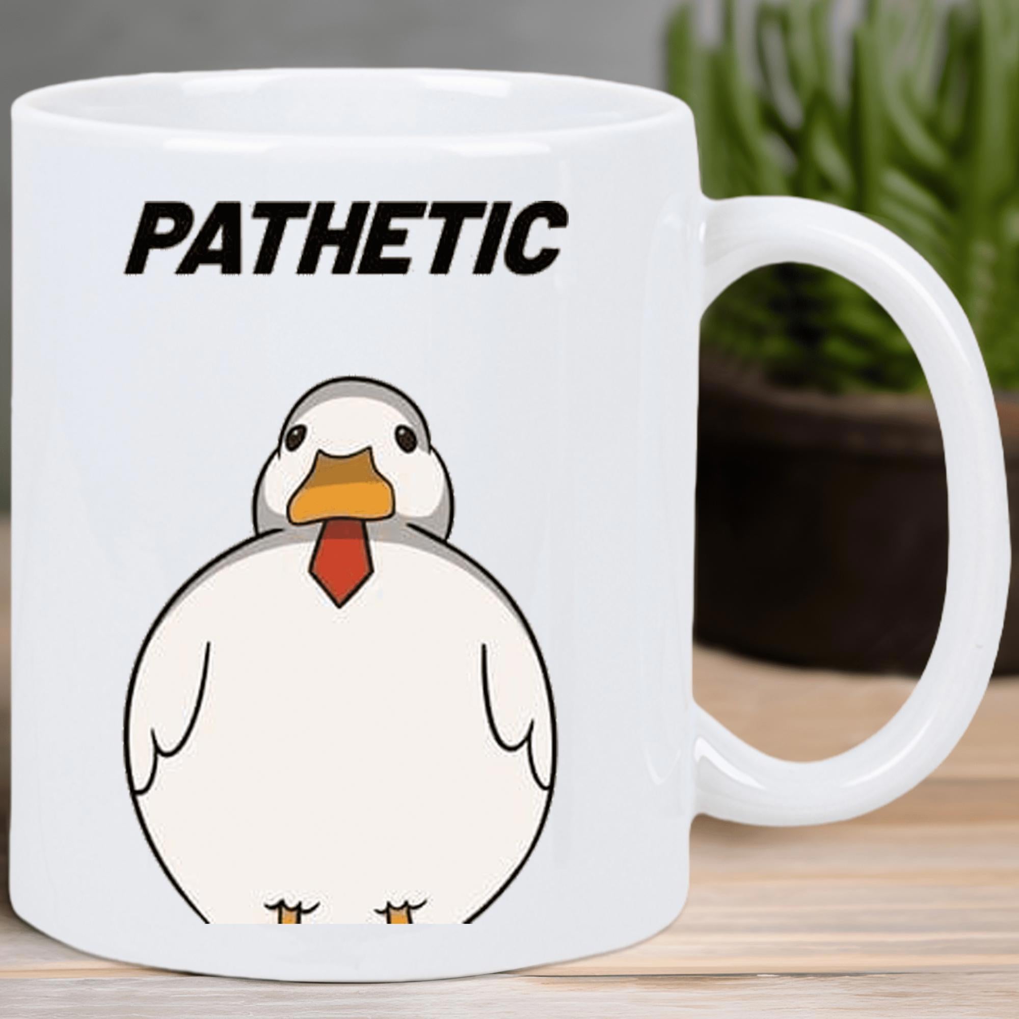 Tailorly White Ceramic 11 oz Mug - Pathetic Chubby Round White Cartoonish Bird Wearing Small Red Necktie Duck