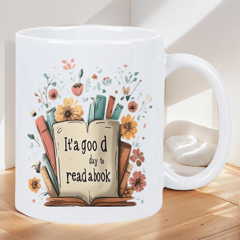 Tailorly White Ceramic 11 oz Mug - Its A Good Day To Read A Book Vibrant Wildflowers And Green Leaves Blooming From An Open Antique Aesthetic Book