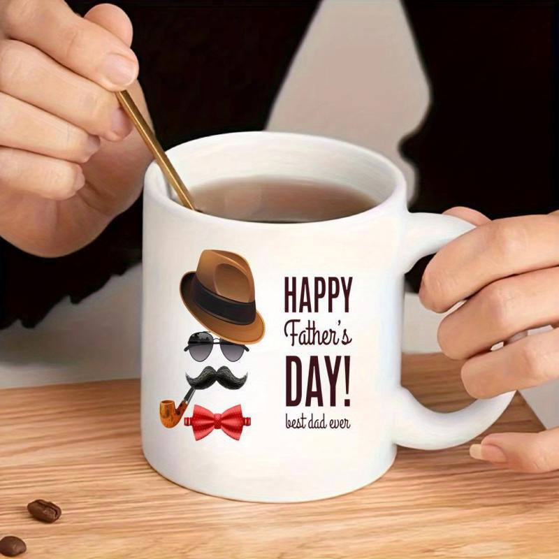 Tailorly White Ceramic 11 oz Mug - Happy Father's Day Best Dad Ever Sophisticated Gentleman Accessories With Fedora Sunglasses Mustache And Bow Tie Gentleman